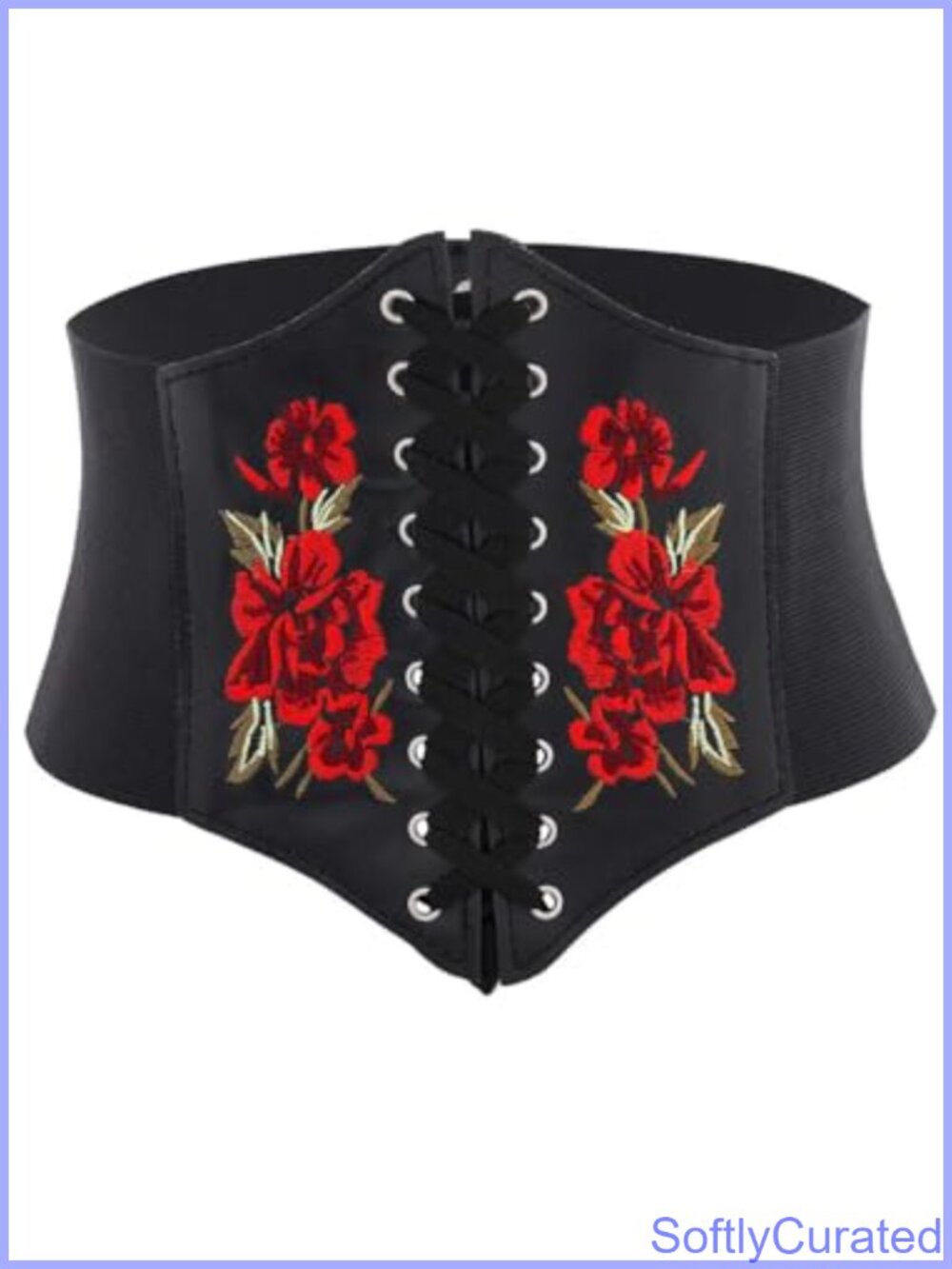 Embroidered Floral Corset Belt PU Leather Wide Elastic Waist